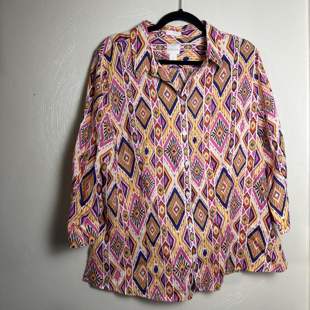 Chico's Linen 3/4 Sleeve Button Shirt Top Size 3 No Iron Southwest Tribal